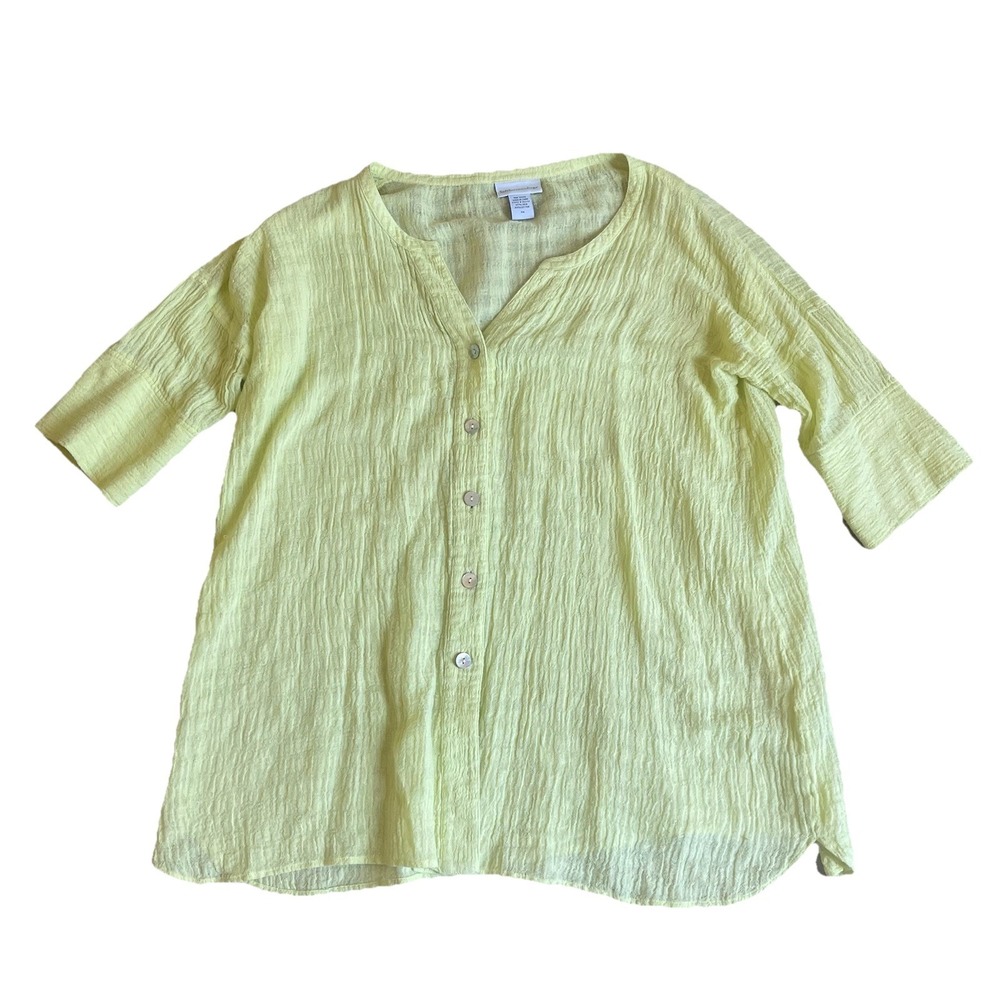 Soft Surroundings Women's Gauzy Linen Tunic Top PM Yellow Sheer Cover-up Buttons